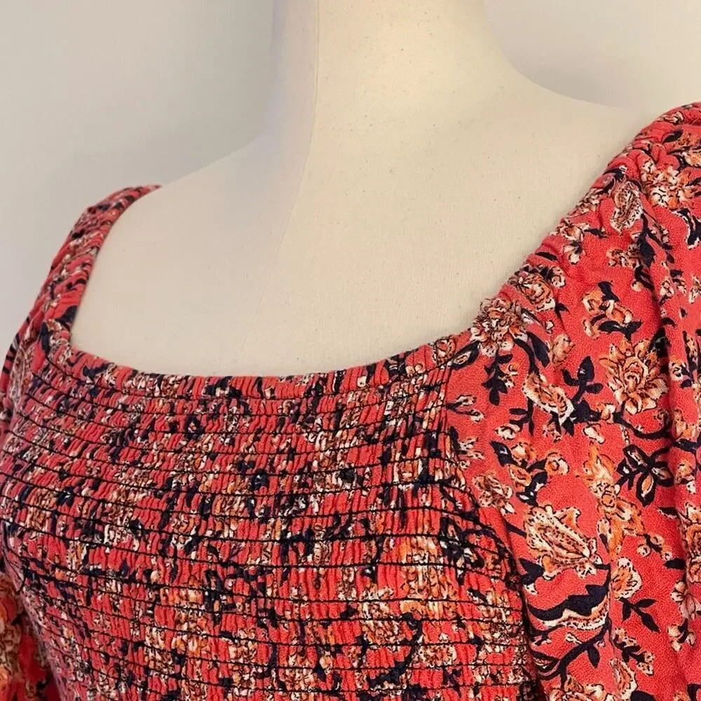 Angie Women’s Boho Floral Smocked Peasant Top Poet Blouse Flared Sleeve | Size M - Picture 2 of 7